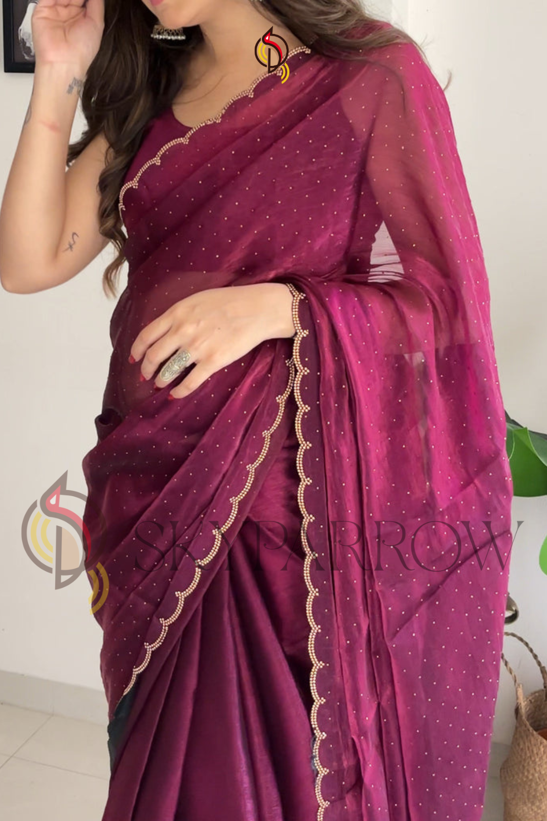 Premium Jimichu Burburry Saree with Zarcan Stone And Cut Work Border