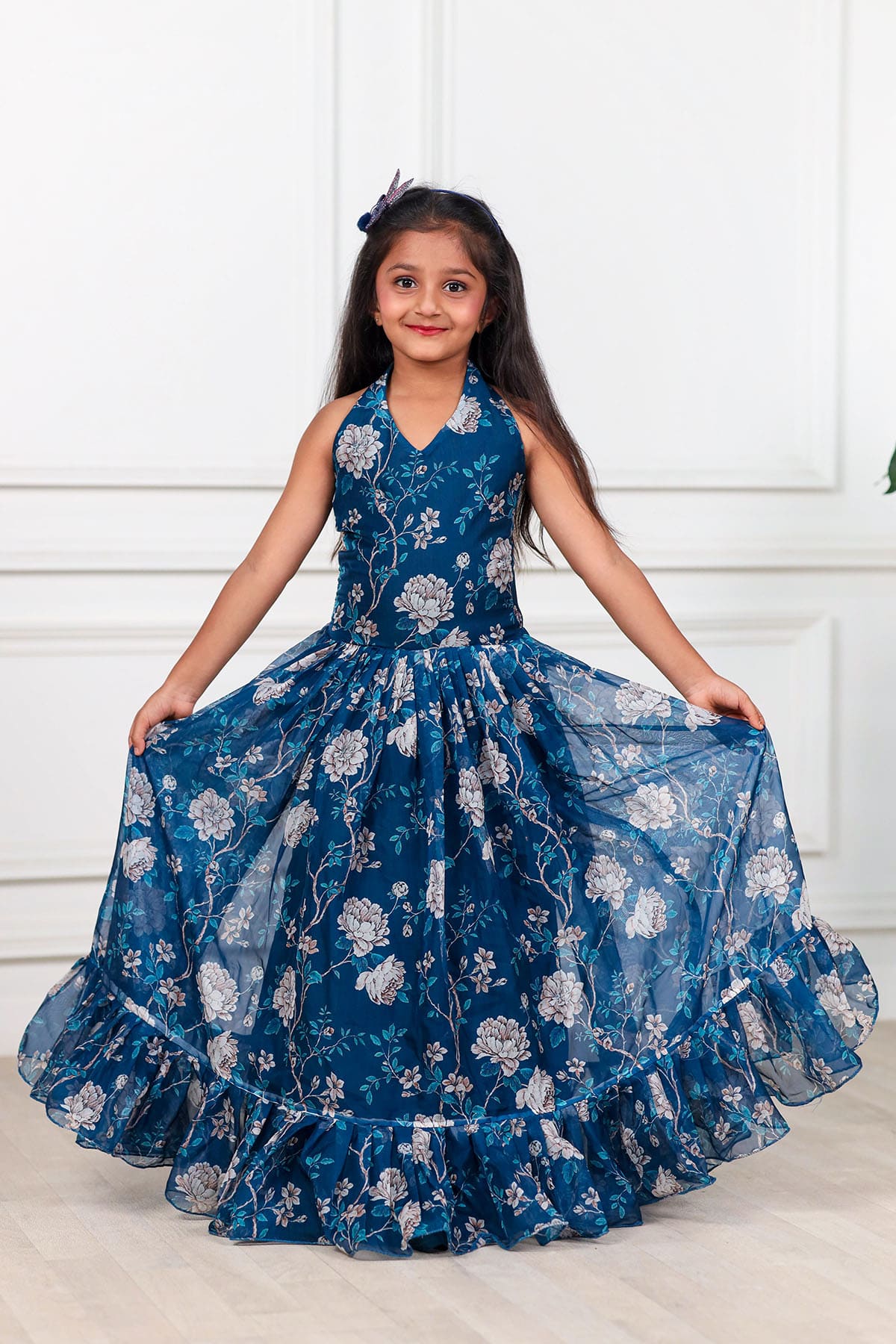 Navy Blue Flower Print Organza Baby Gown Washable