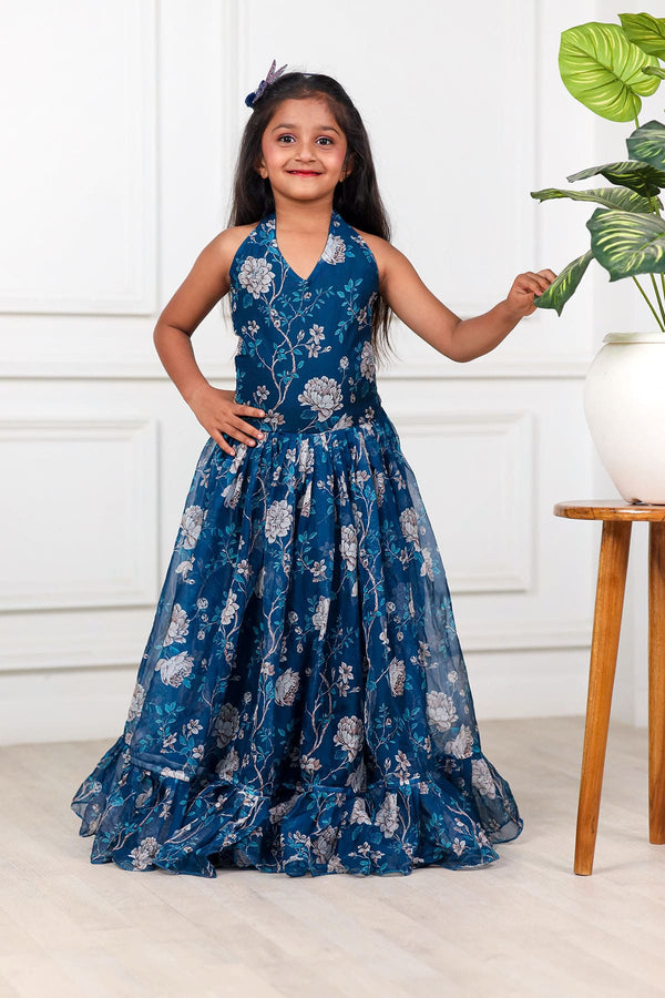 Navy Blue Flower Print Organza Baby Gown Washable