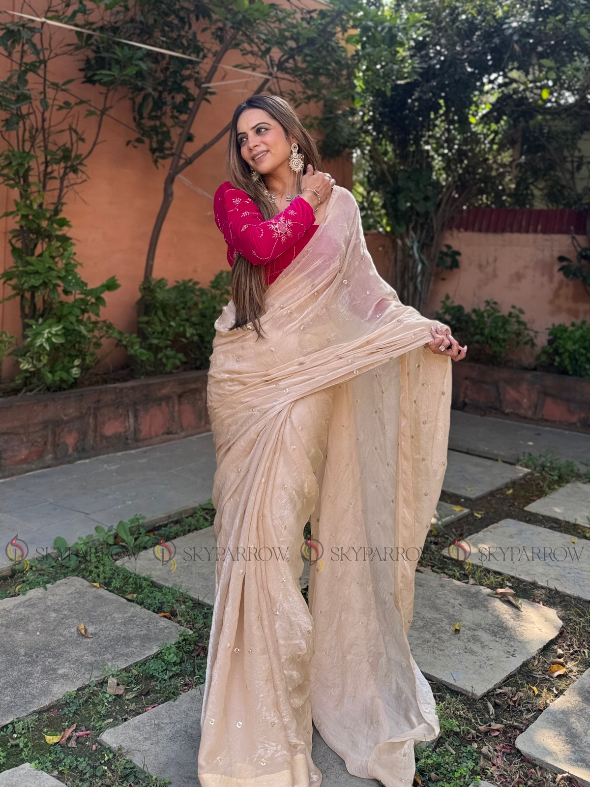 Premium Fendy Chiffon Saree with Allover Sequence Buti Buti & Tassel Border