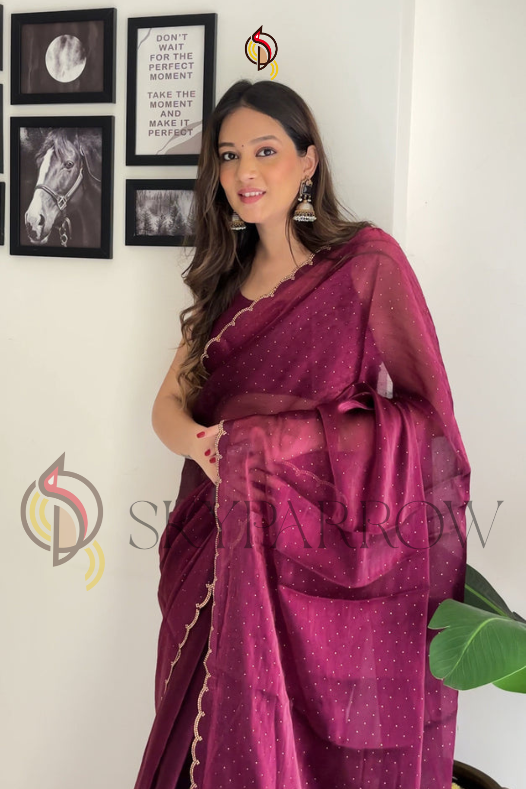 Premium Jimichu Burburry Saree with Zarcan Stone And Cut Work Border