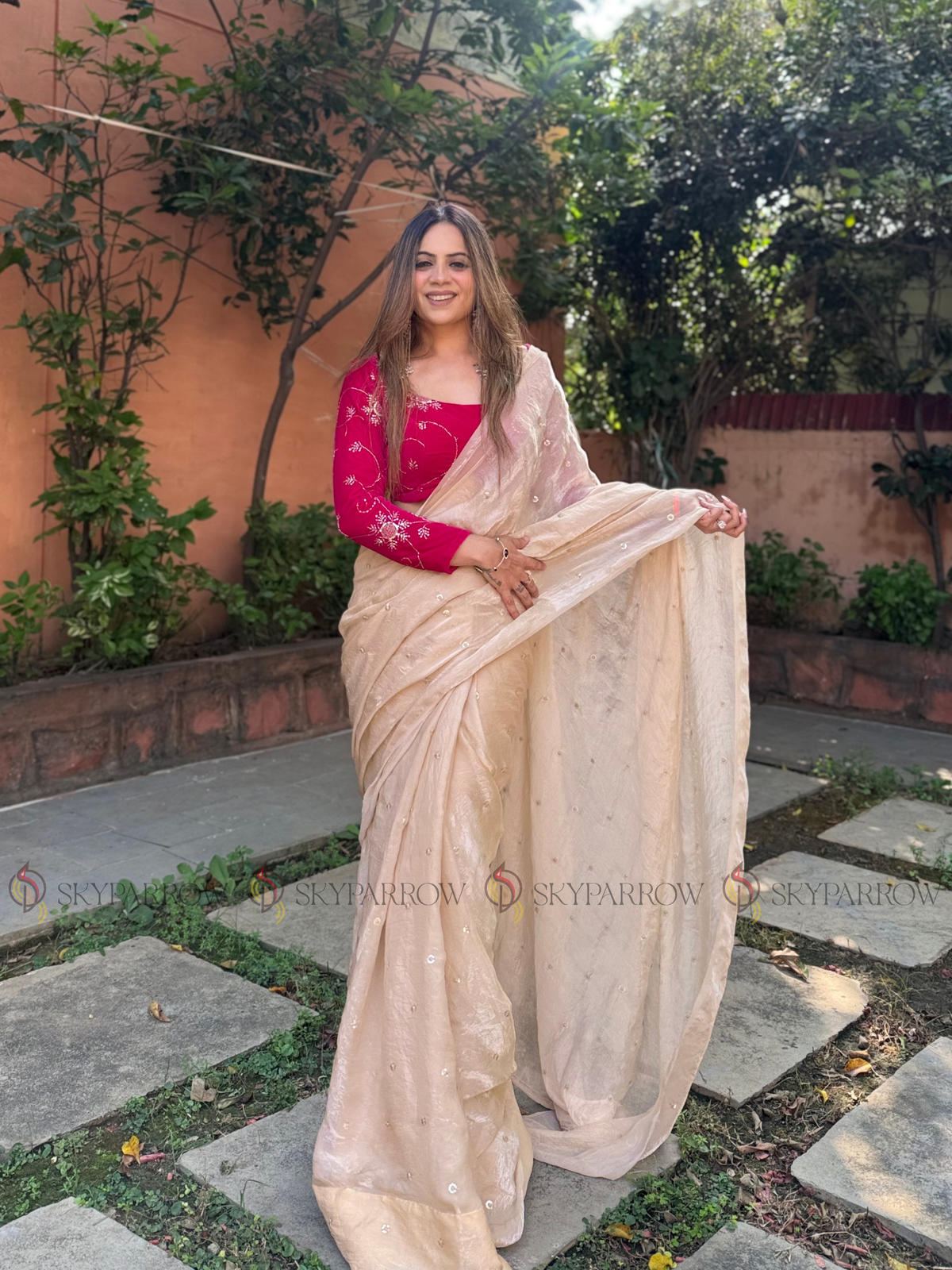 Premium Fendy Chiffon Saree with Allover Sequence Buti Buti & Tassel Border