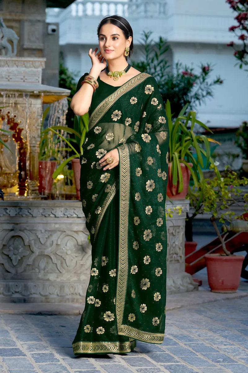 Green Seemar Zari Embroidery Saree with Mono Silk Blouse