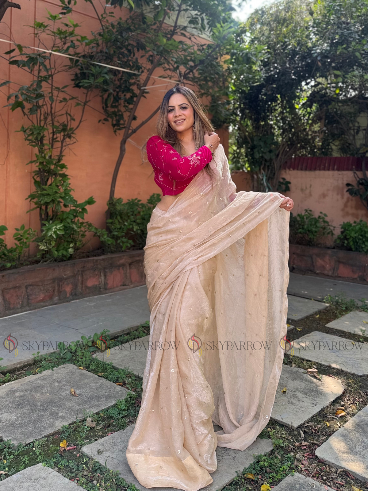 Premium Fendy Chiffon Saree with Allover Sequence Buti Buti & Tassel Border