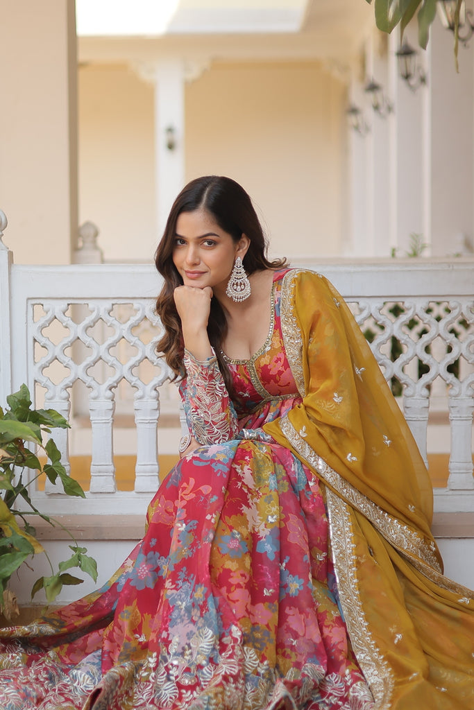 alia cut dress party wear Elegant Yellow Party Wear Alia Cut Anarkali Gown with Dupatta & Bottom Set