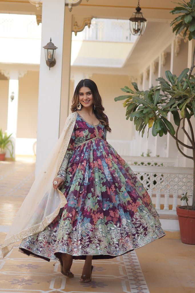alia cut dress party wear Gray Elegant Party Wear Alia Cut Anarkali Gown Set with Dupa