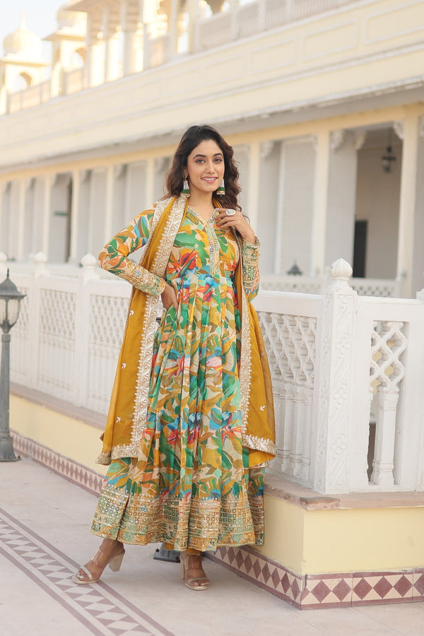 Russian Silk Printed Embroidered Gown with Dupatta