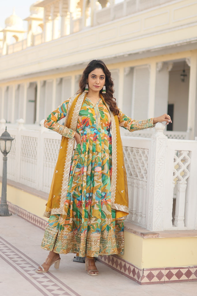 Russian Silk Printed Embroidered Gown with Dupatta