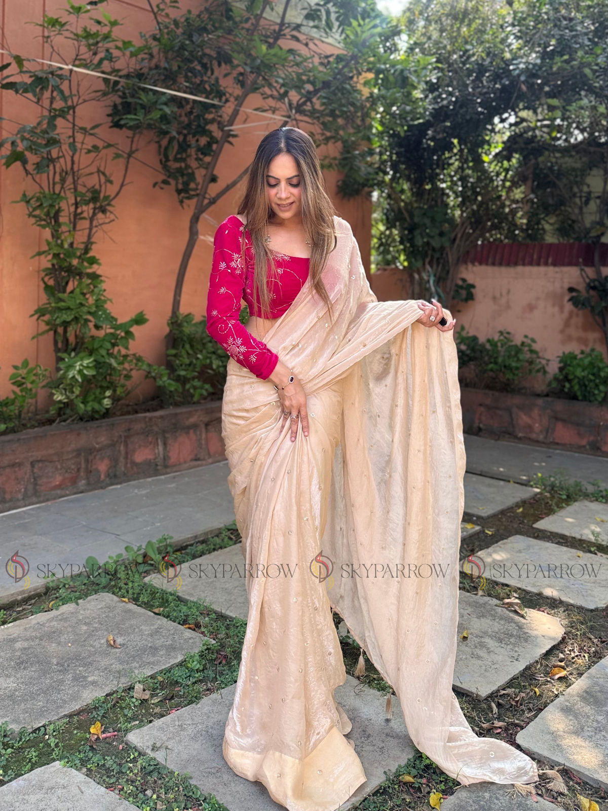 Premium Fendy Chiffon Saree with Allover Sequence Buti Buti & Tassel Border