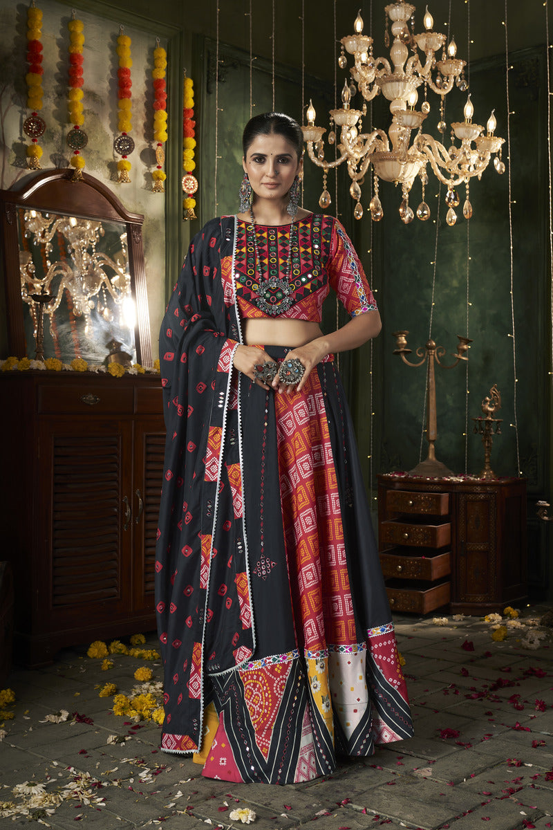 Elegant Black Mirror Work Cotton Lehenga Choli