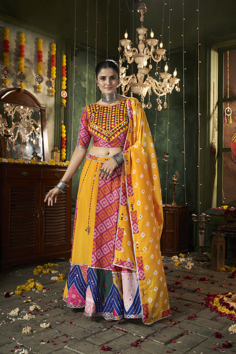 Bright Yellow Printed Cotton Navratri Lehenga Choli