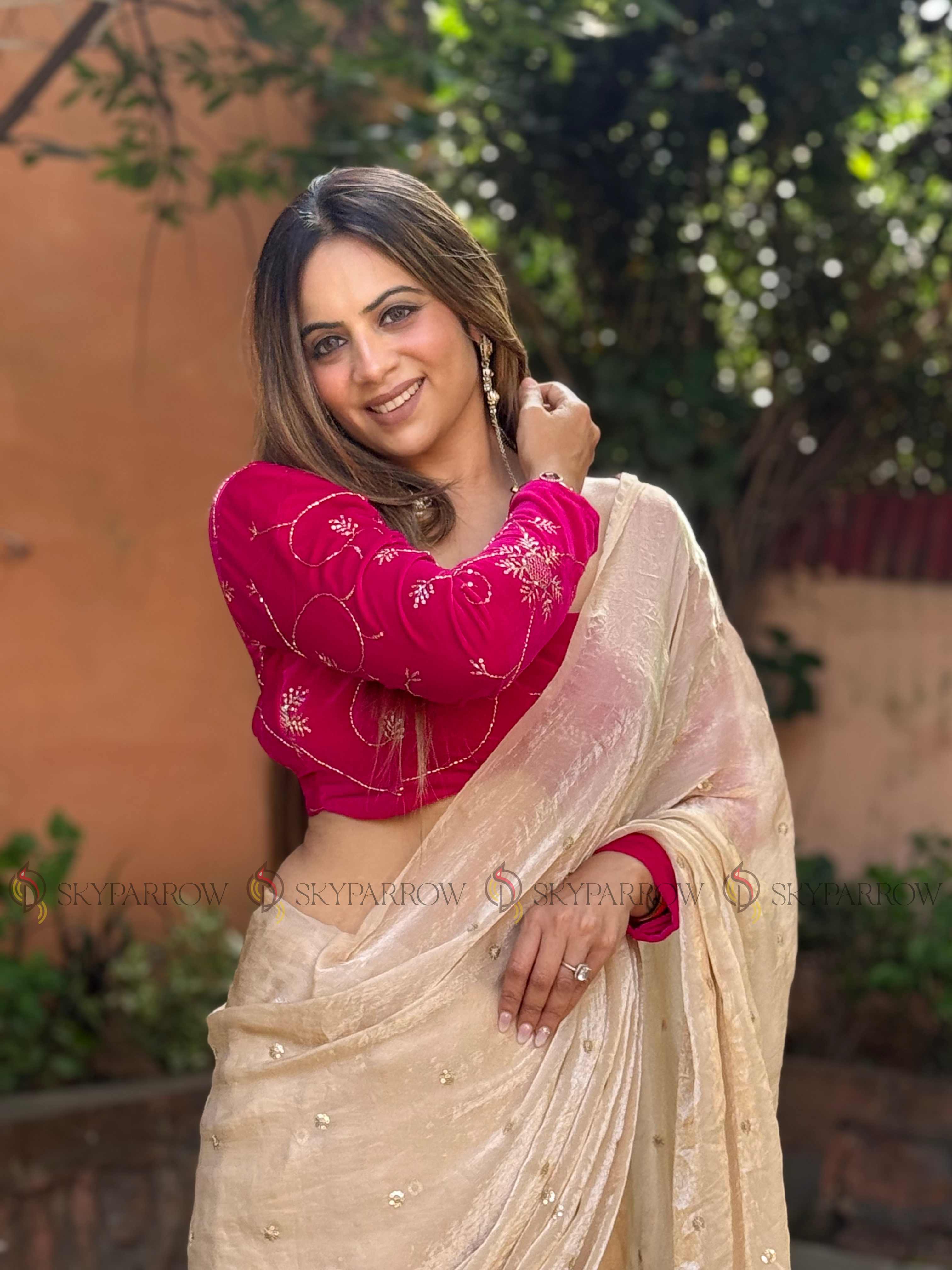 Premium Fendy Chiffon Saree with Allover Sequence Buti Buti & Tassel Border