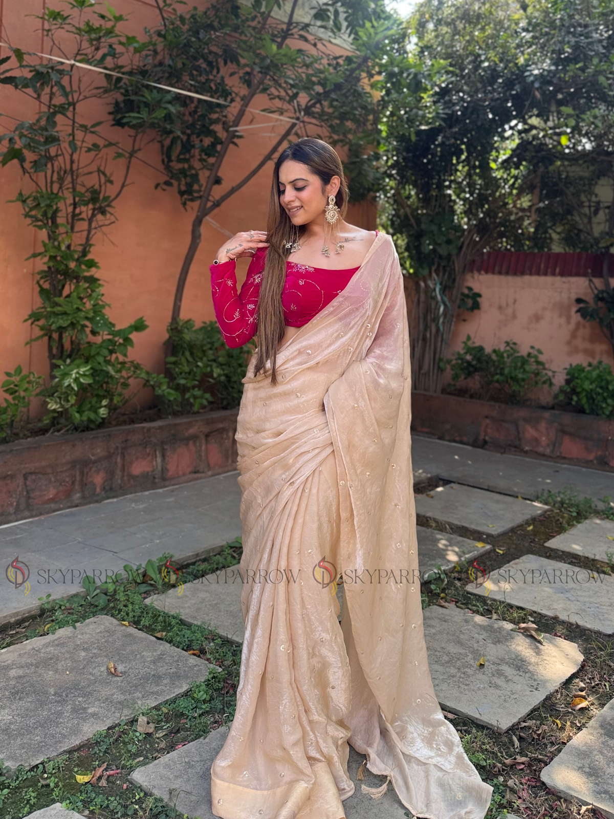 Premium Fendy Chiffon Saree with Allover Sequence Buti Buti & Tassel Border