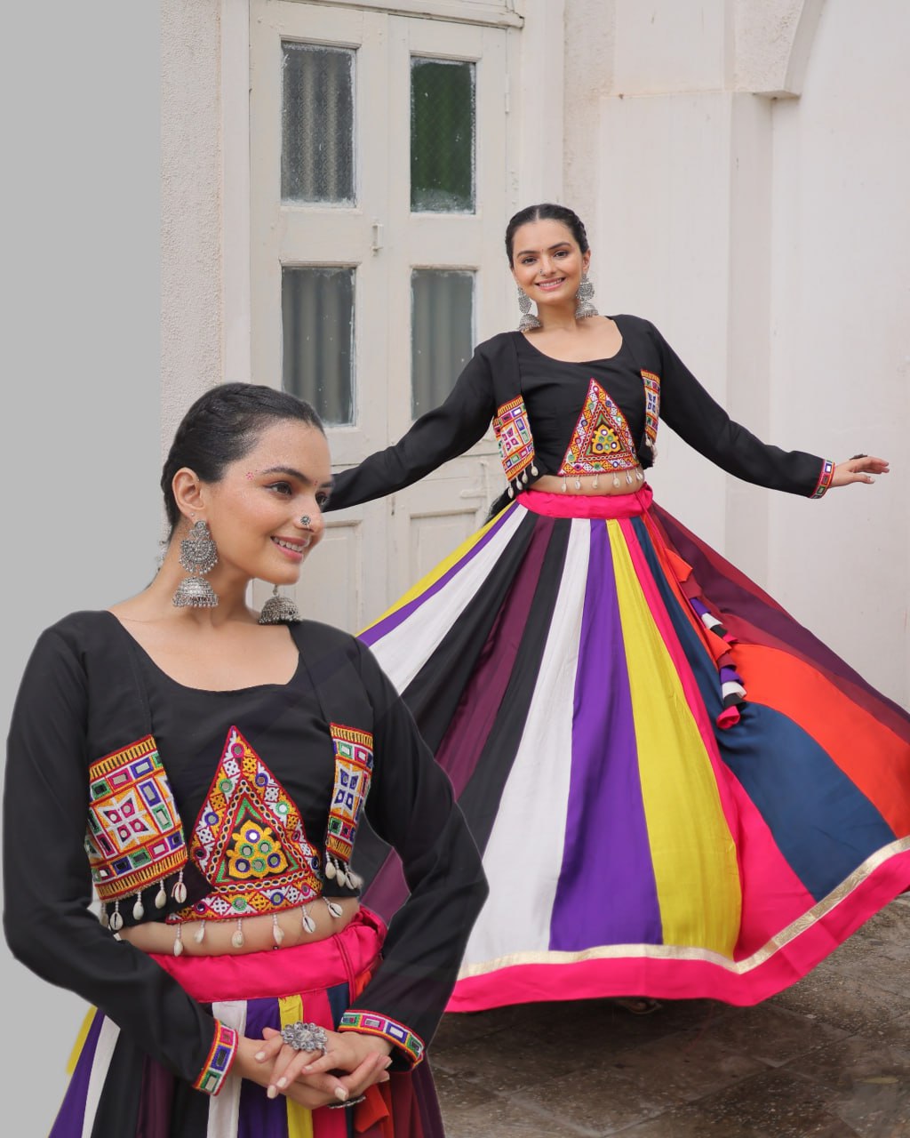 Multicolour Roman Fabric Lehenga with Gamthi Embroidered Blouse & Koti