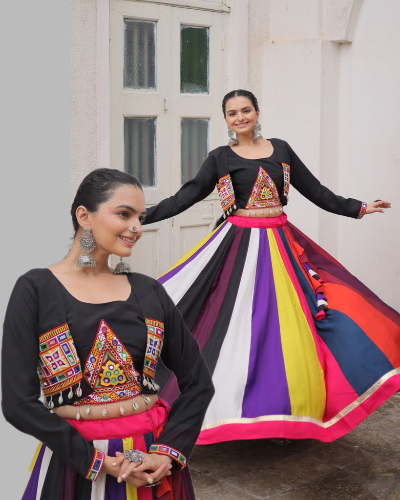 Multicolour Roman Fabric Lehenga with Gamthi Embroidered Blouse & Koti