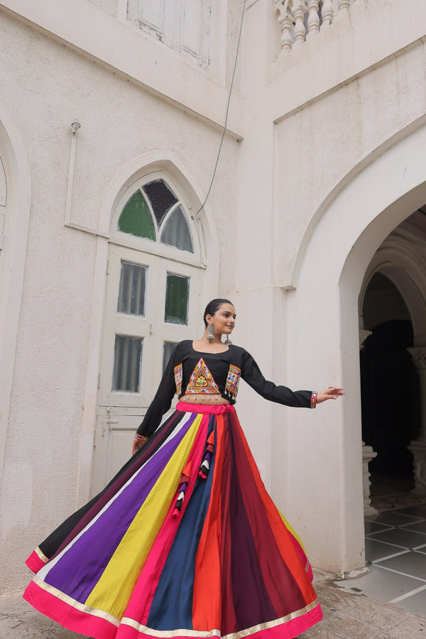 Multicolour Roman Fabric Lehenga with Gamthi Embroidered Blouse & Koti