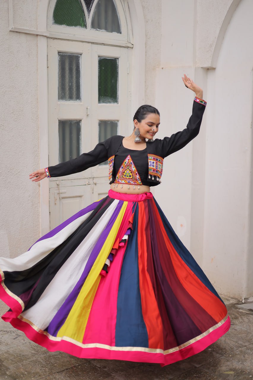 Multicolour Roman Fabric Lehenga with Gamthi Embroidered Blouse & Koti
