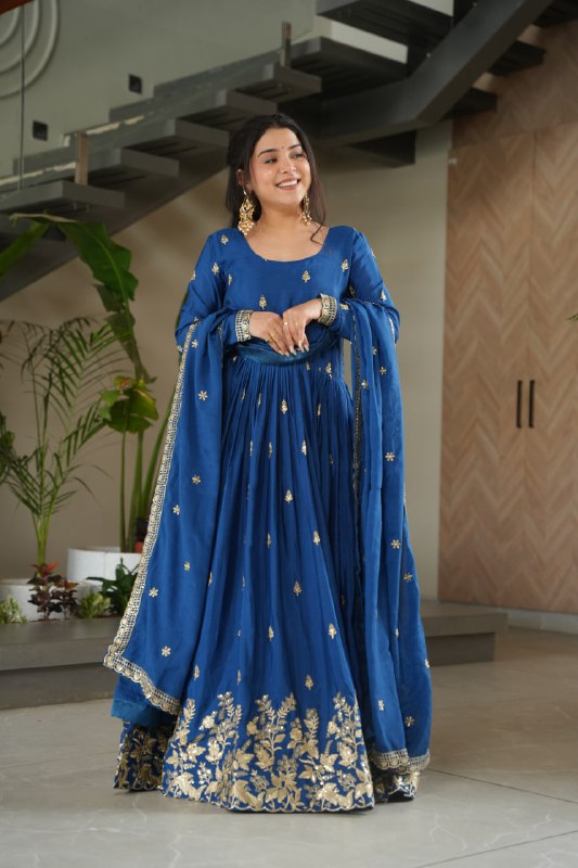 Chinnon Embroidered Gown with Dupatta – Zari & Sequins Work, Round Neck