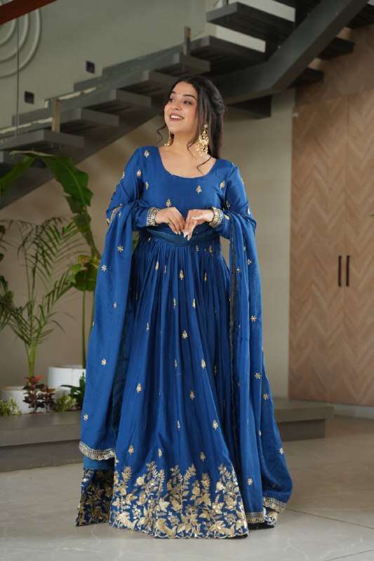 Chinnon Embroidered Gown with Dupatta – Zari & Sequins Work, Round Neck