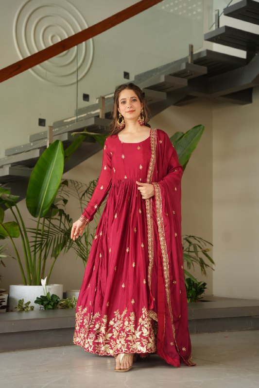 Chinnon Embroidered Gown with Dupatta – Zari & Sequins Work, Round Neck