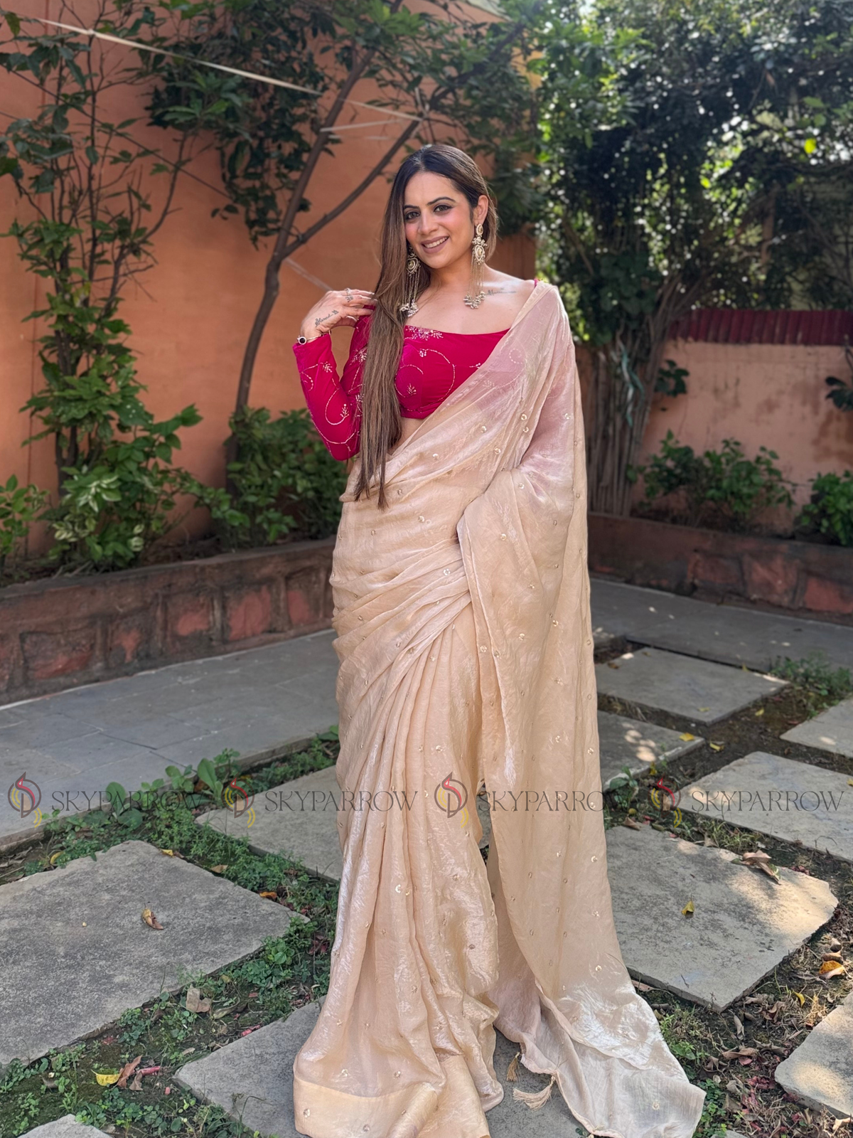 Premium Fendy Chiffon Saree with Allover Sequence Buti Buti & Tassel Border