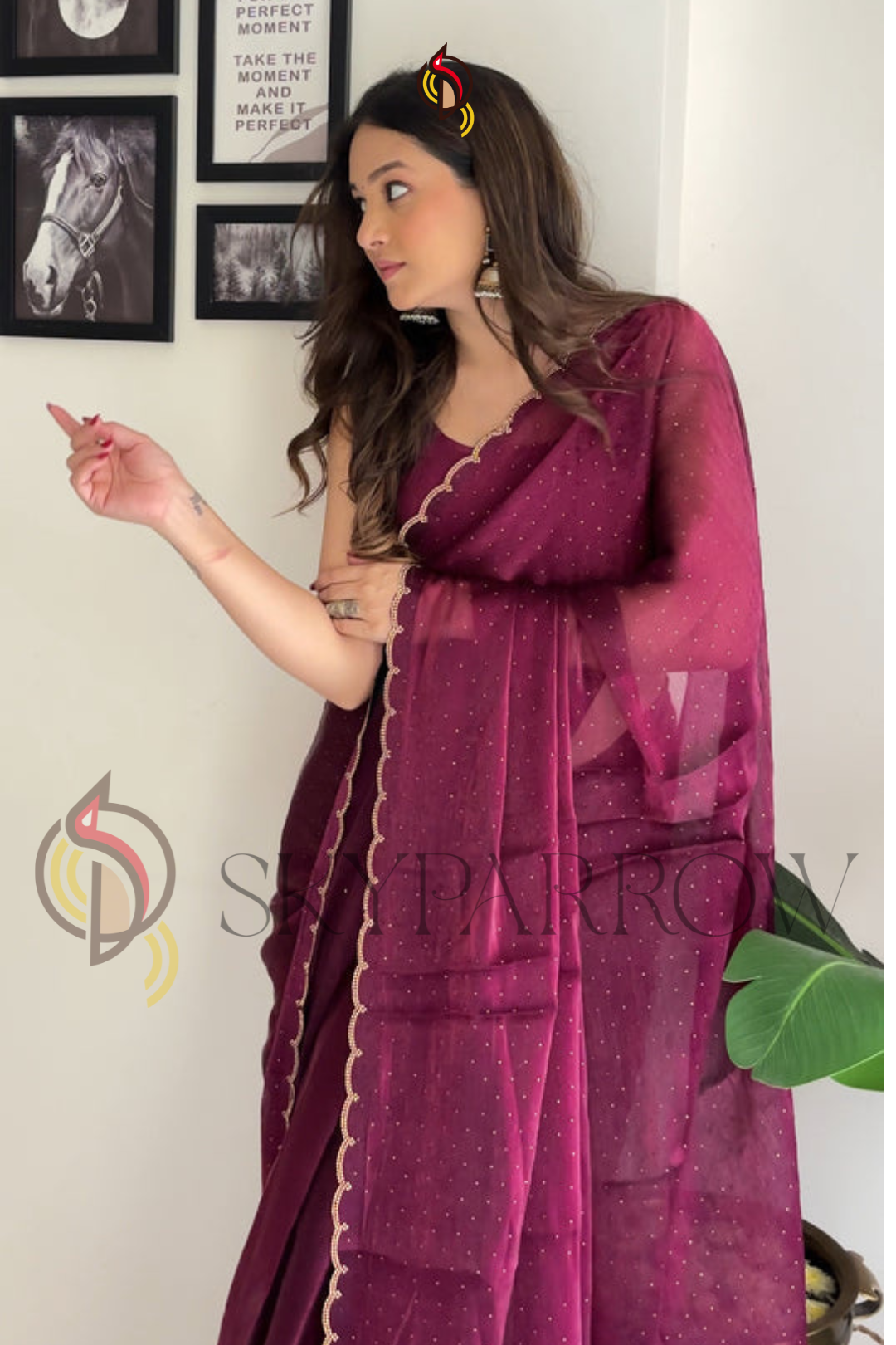 Premium Jimichu Burburry Saree with Zarcan Stone And Cut Work Border