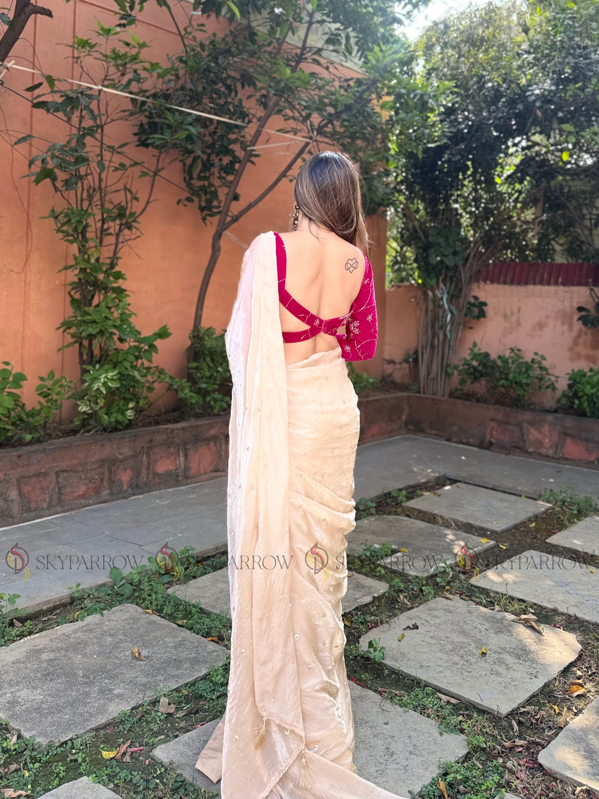 Premium Fendy Chiffon Saree with Allover Sequence Buti Buti & Tassel Border