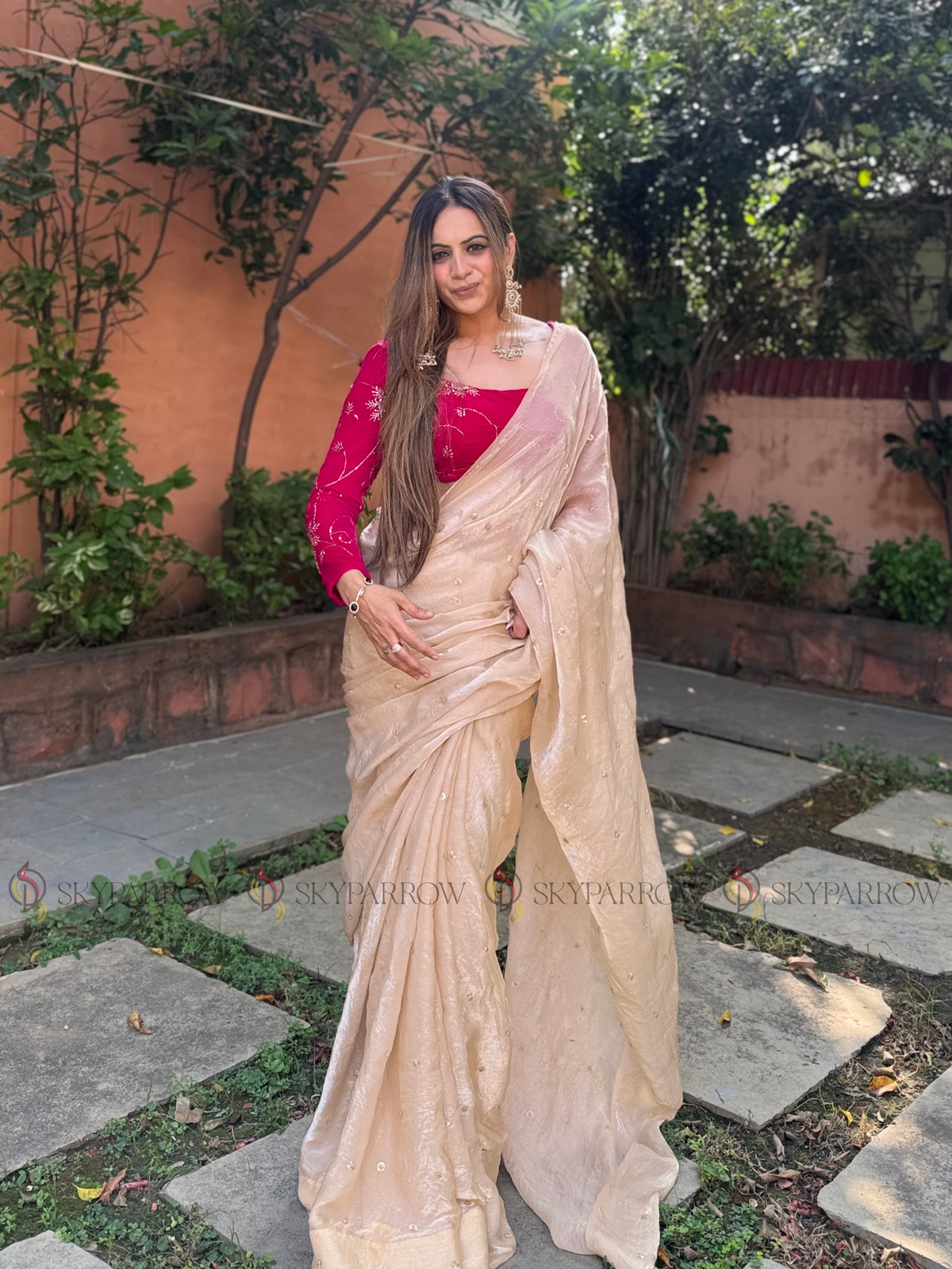 Premium Fendy Chiffon Saree with Allover Sequence Buti Buti & Tassel Border