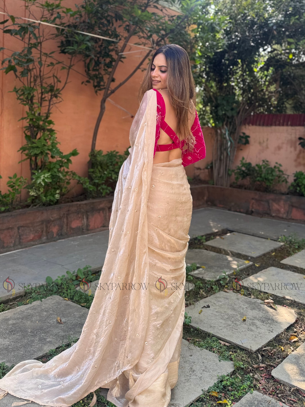 Premium Fendy Chiffon Saree with Allover Sequence Buti Buti & Tassel Border