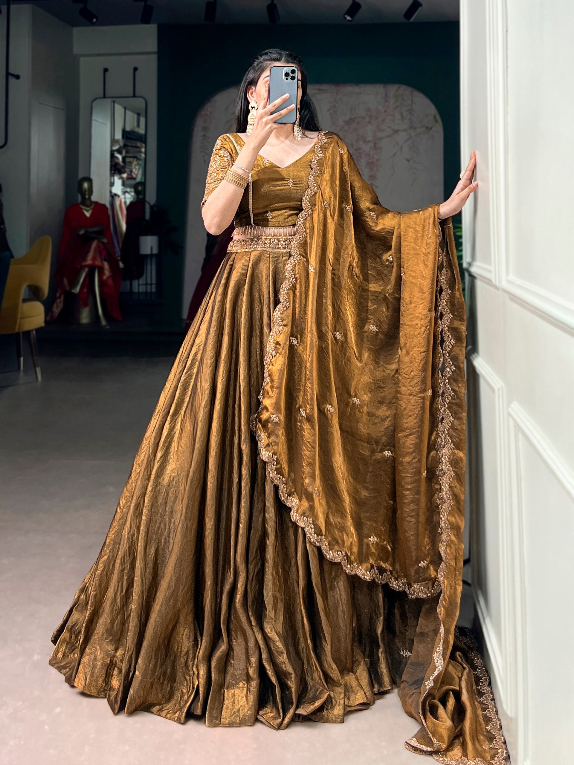Antique Gold Embroidered Fendi Lehenga Choli Set