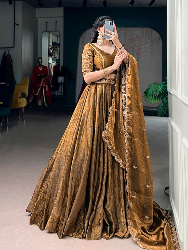 Antique Gold Embroidered Fendi Lehenga Choli Set