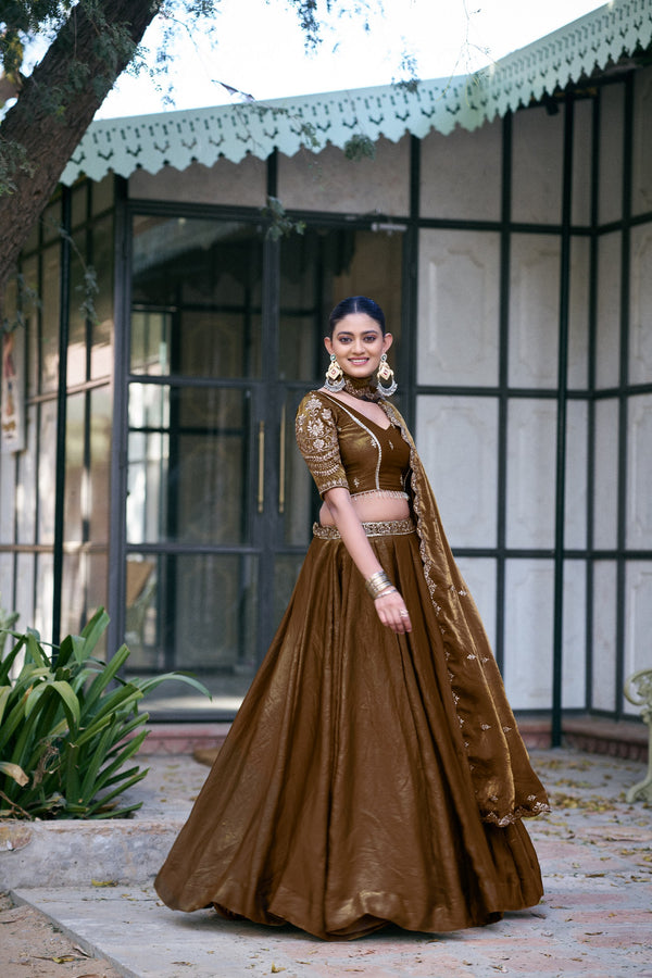 Antique Gold Sequin Embroidered Fendi Lehenga Choli Set