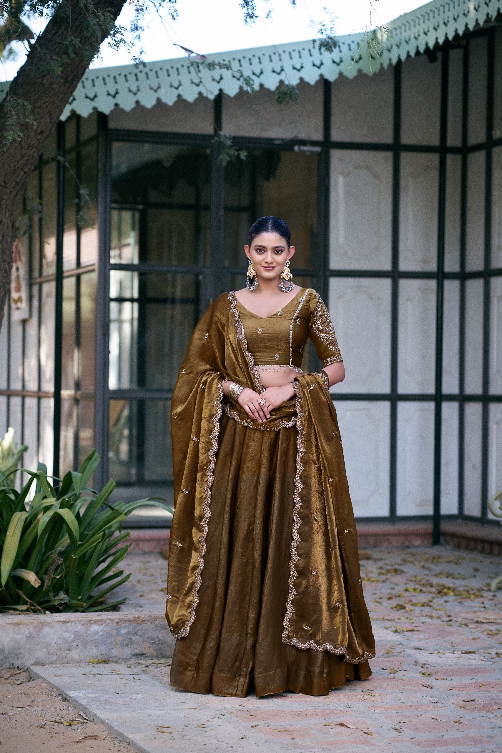 Antique Gold Sequin Embroidered Fendi Lehenga Choli Set