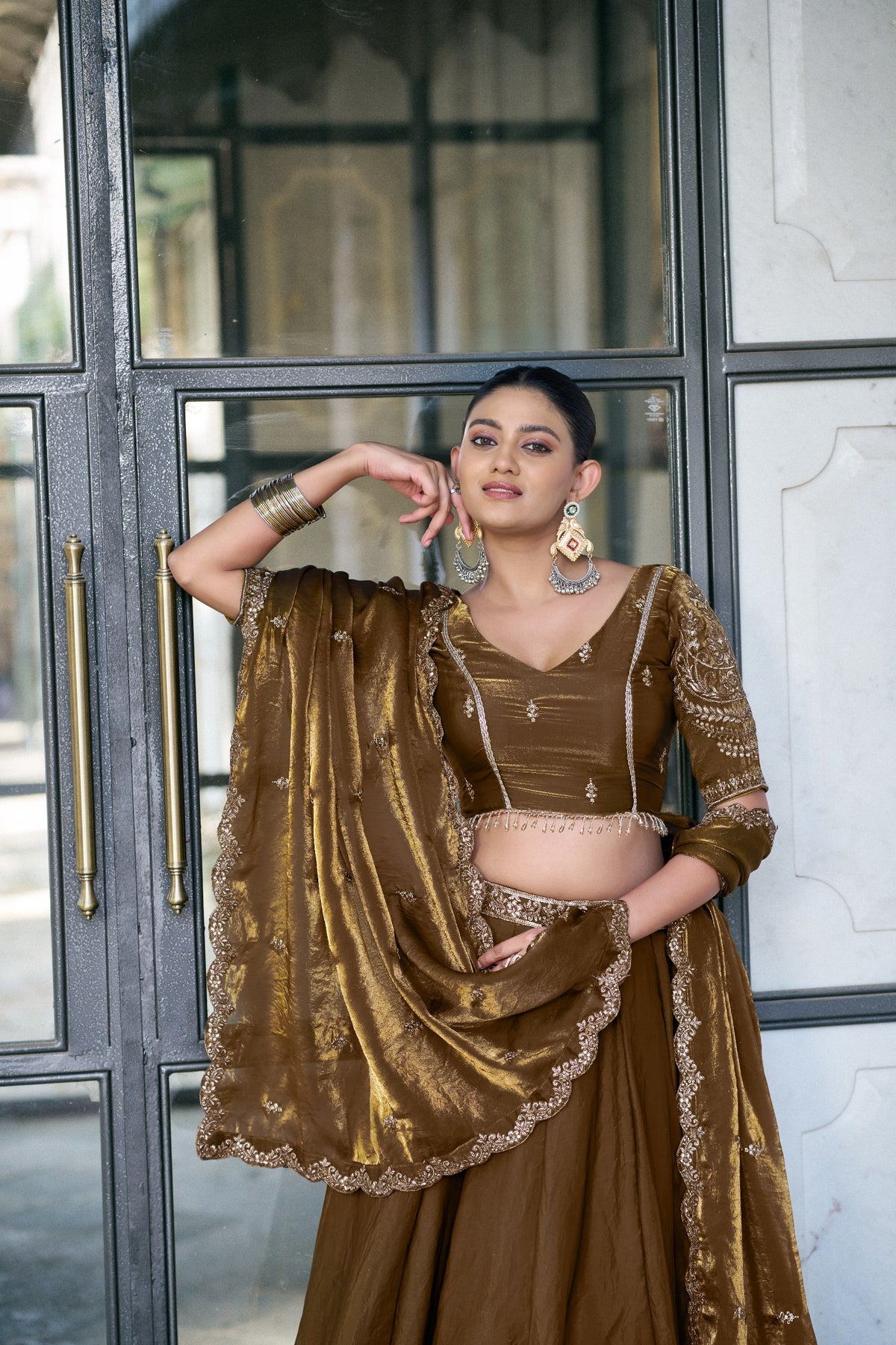 Antique Gold Sequin Embroidered Fendi Lehenga Choli Set