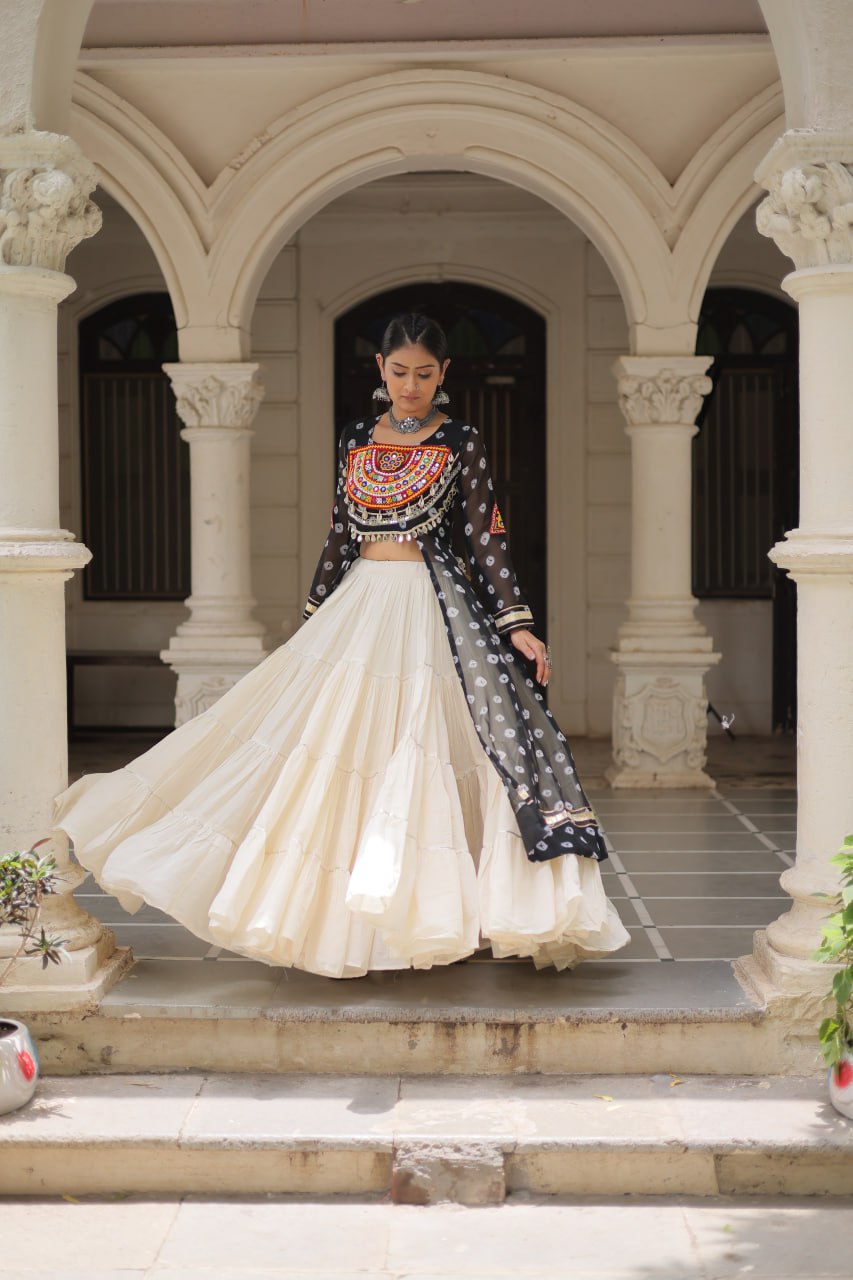 Designer Kora Cotton Lehenga with Bandhani Print Faux Georgette Kurti