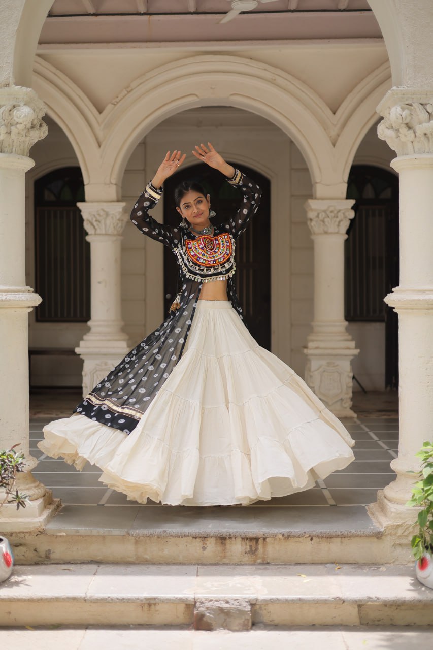 Designer Kora Cotton Lehenga with Bandhani Print Faux Georgette Kurti