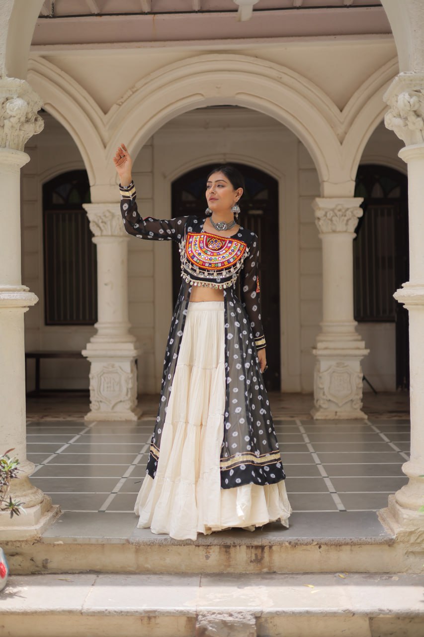 Designer Kora Cotton Lehenga with Bandhani Print Faux Georgette Kurti