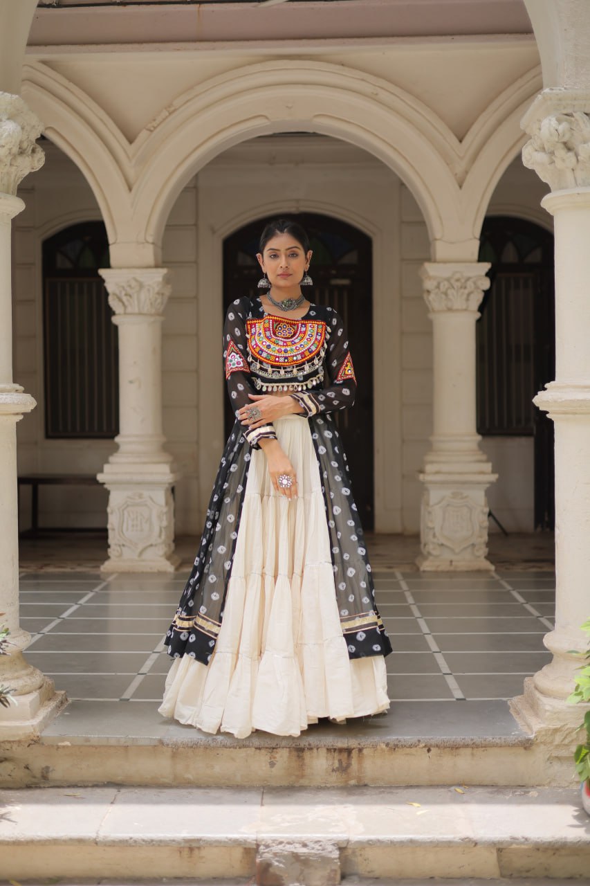 Designer Kora Cotton Lehenga with Bandhani Print Faux Georgette Kurti