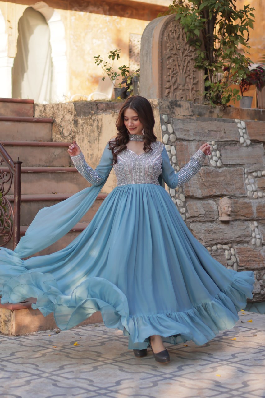 Star Georgette Embroidered Gown with Dupatta – Beads & Sequins Work, Pan Neck