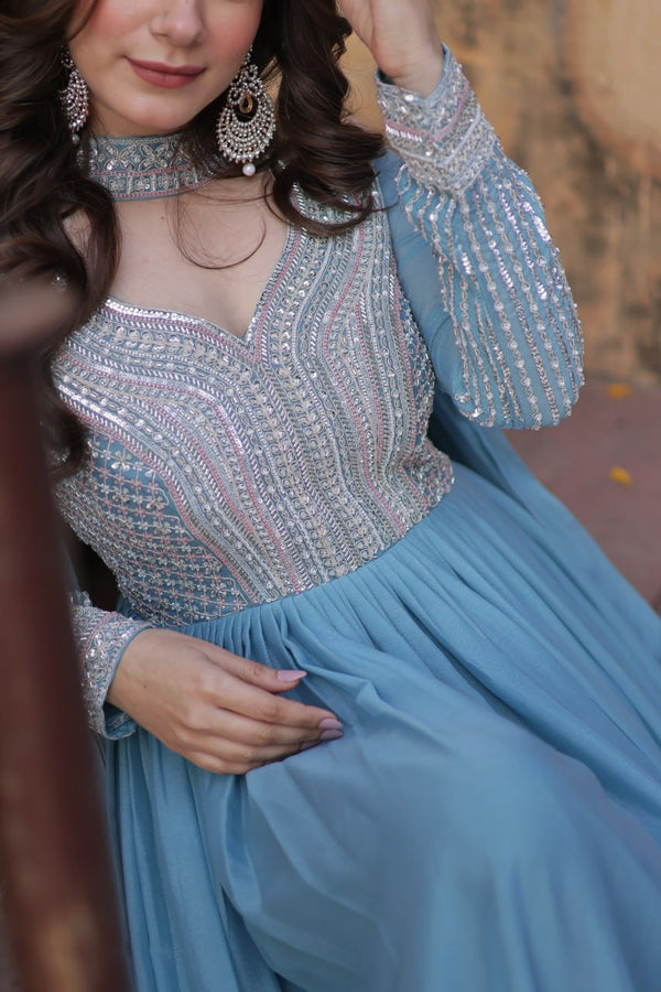 Star Georgette Embroidered Gown with Dupatta – Beads & Sequins Work, Pan Neck