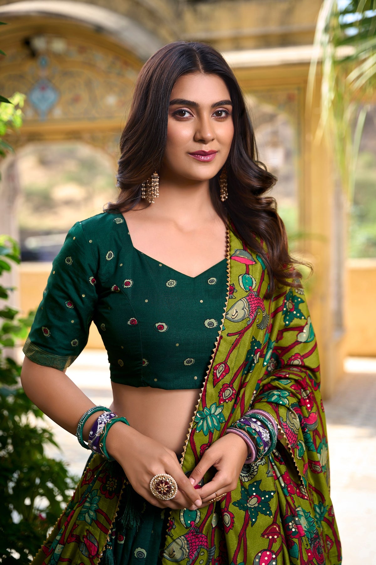 Battle Green Kalamkari Printed Tasar Silk Lehenga Choli Set with Tassel Dupatta