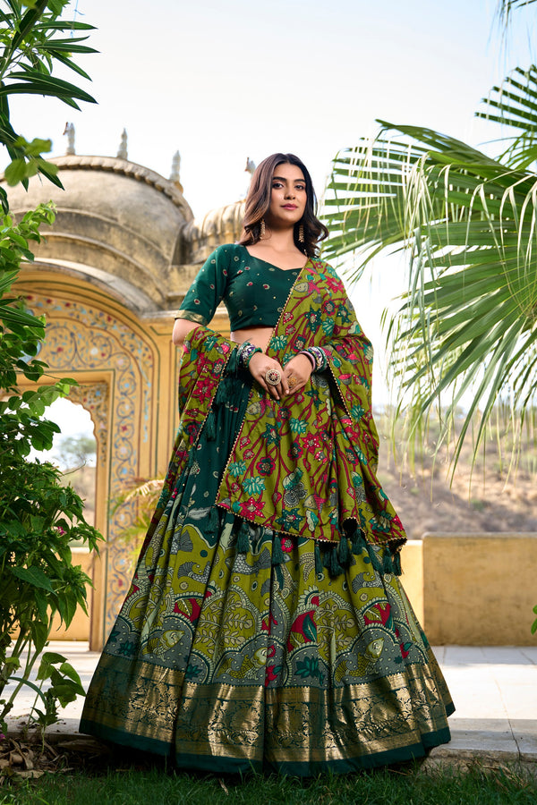 Battle Green Kalamkari Printed Tasar Silk Lehenga Choli Set with Tassel Dupatta
