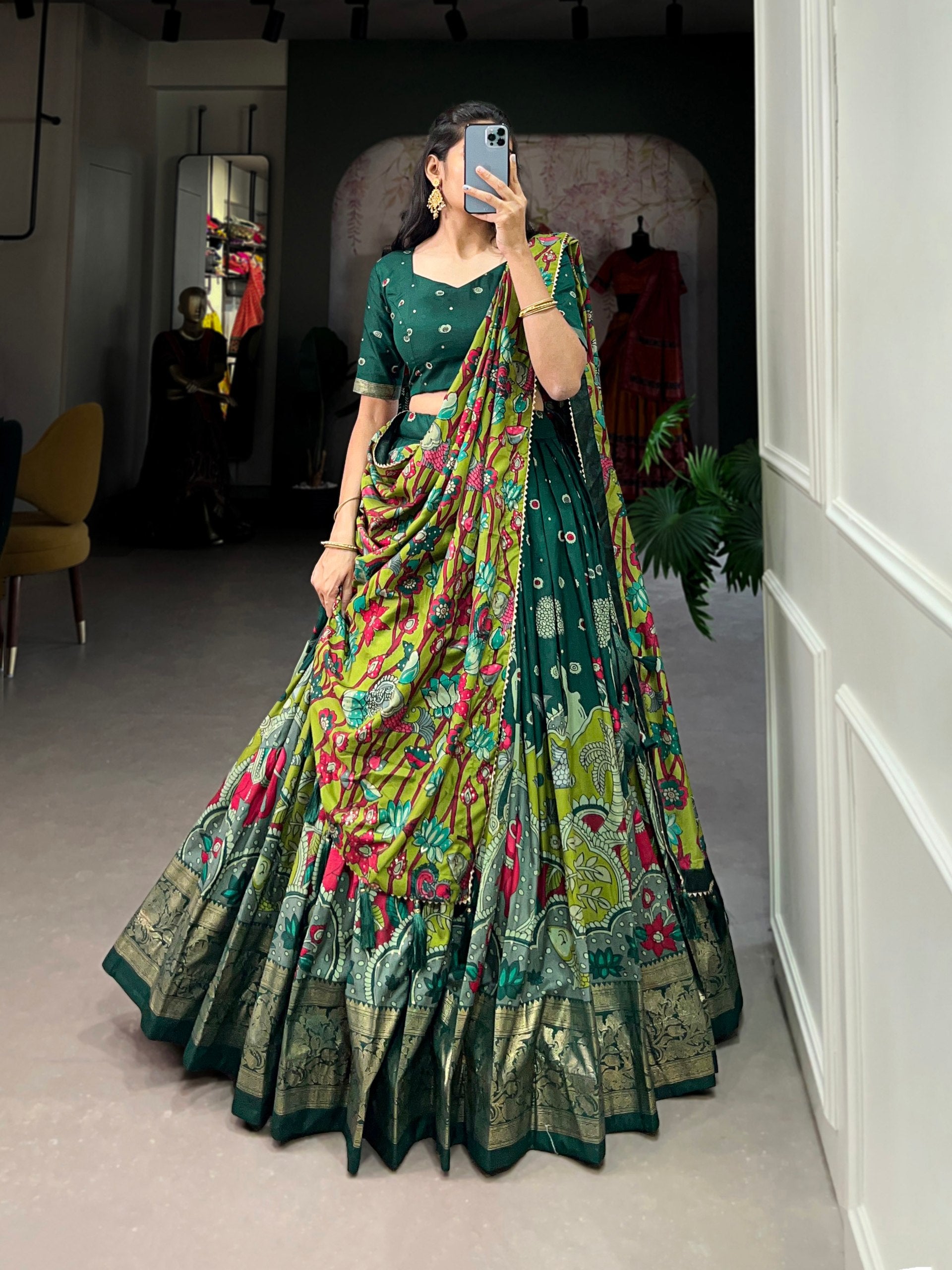 Battle Green Kalamkari Printed Silk Lehenga Choli Set with Tassel Dupatta