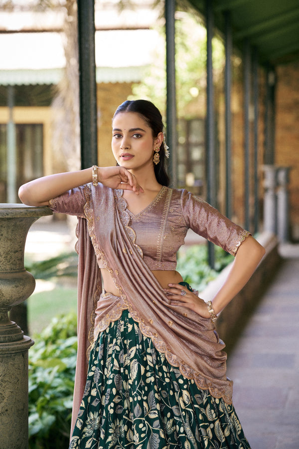 Battle Green Kalamkari Printed Tasar Silk Lehenga Choli Set with Embroidered Dupatta