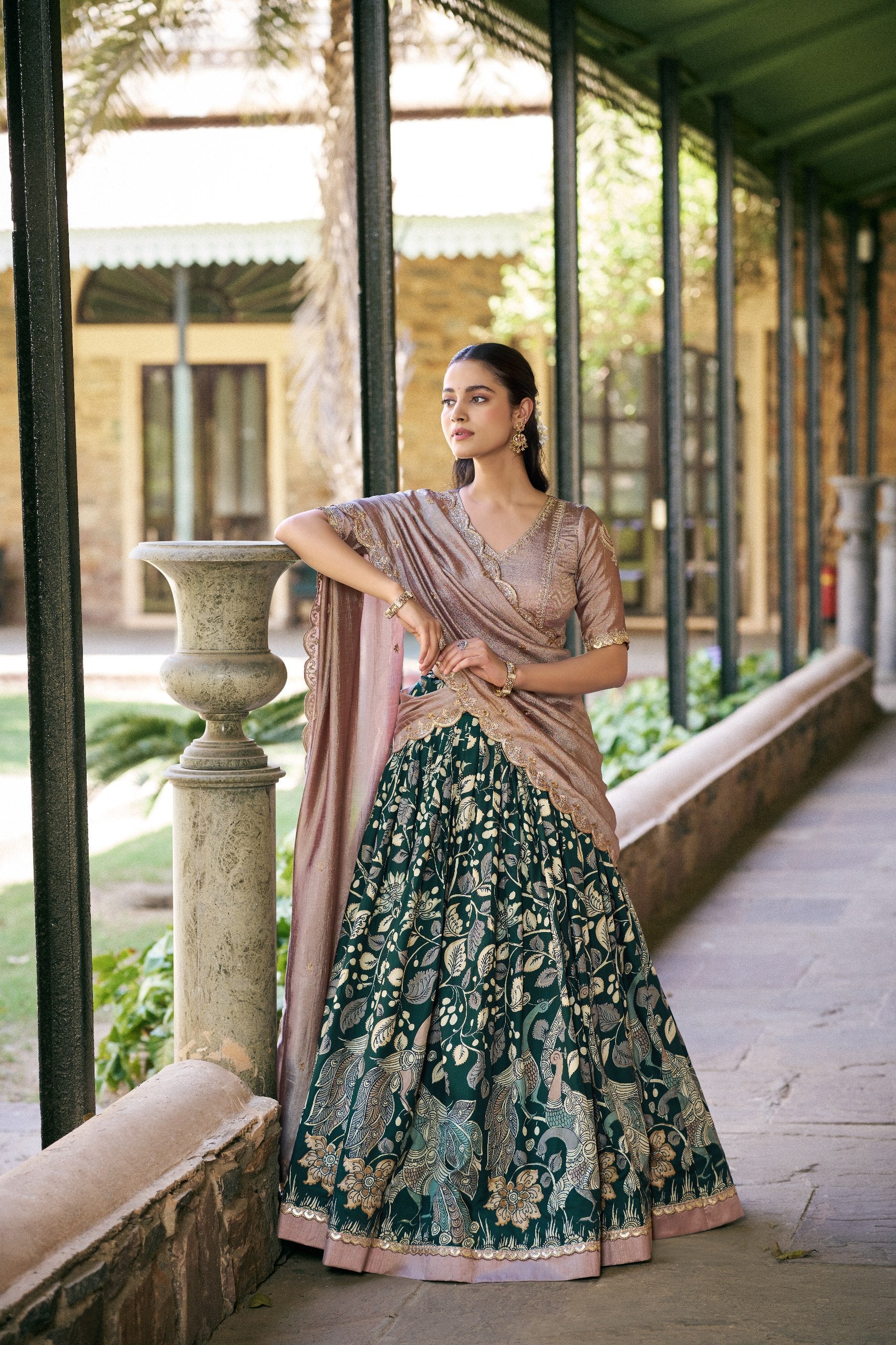 Battle Green Kalamkari Printed Tasar Silk Lehenga Choli Set with Embroidered Dupatta