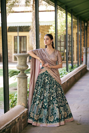 Battle Green Kalamkari Printed Tasar Silk Lehenga Choli Set with Embroidered Dupatta