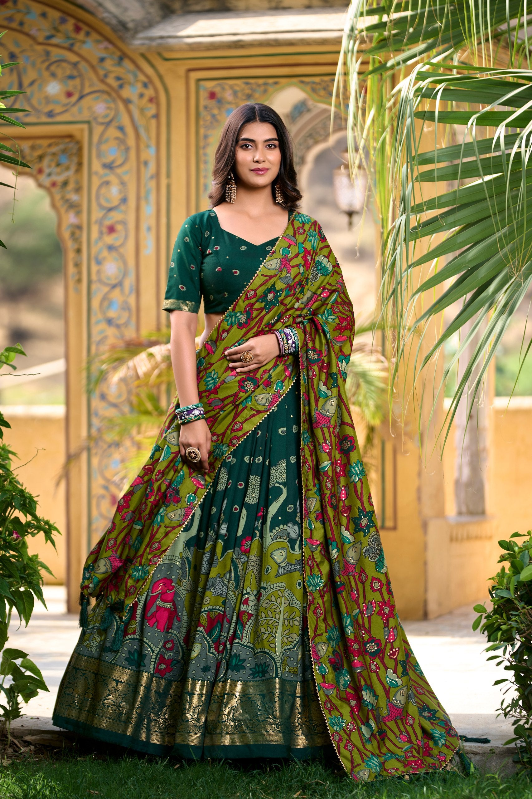 Battle Green Kalamkari Printed Tasar Silk Lehenga Choli Set with Tassel Dupatta