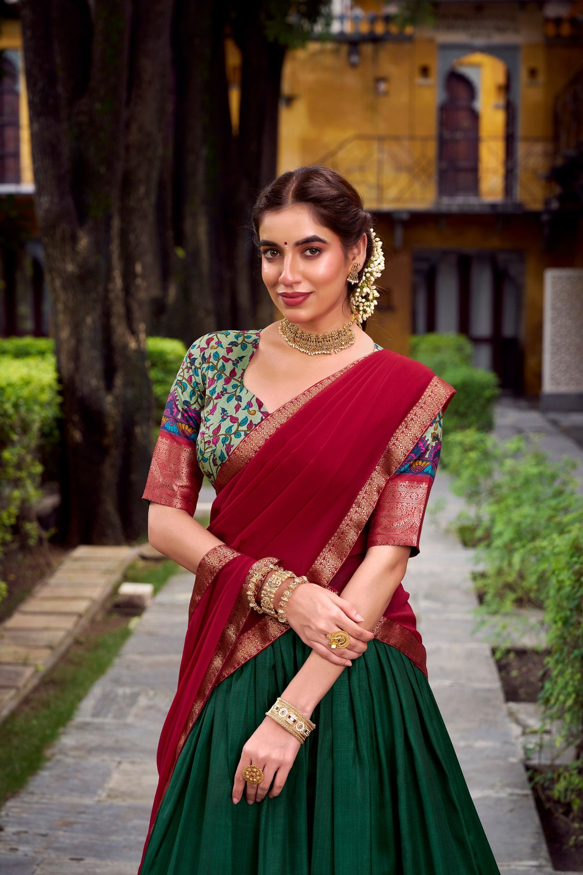 Battle Green Printed Aastha Silk Lehenga Choli Set with Stitched Blouse
