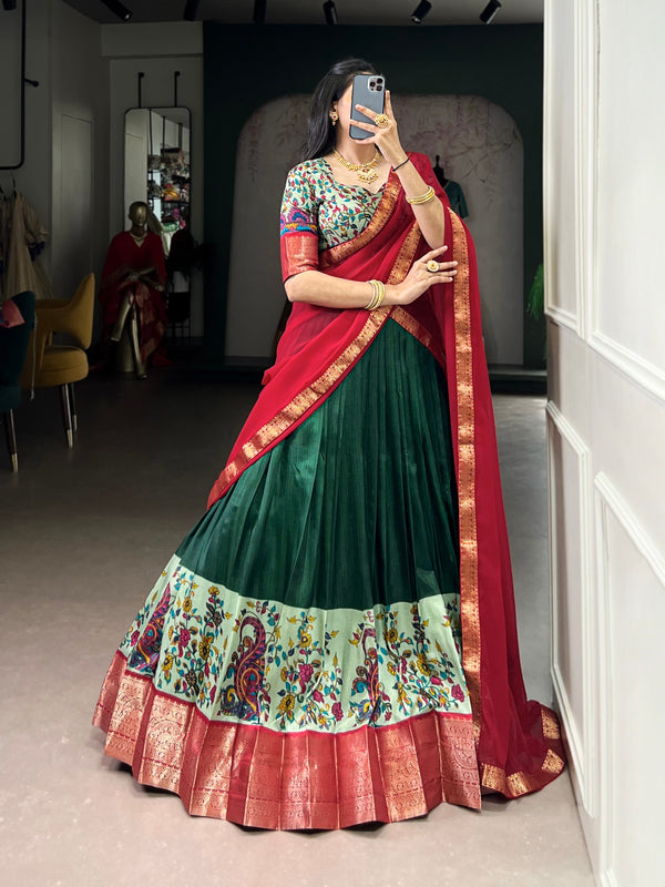 Battle Green  Print Aastha Silk Lehenga Choli Set with Red Dupatta