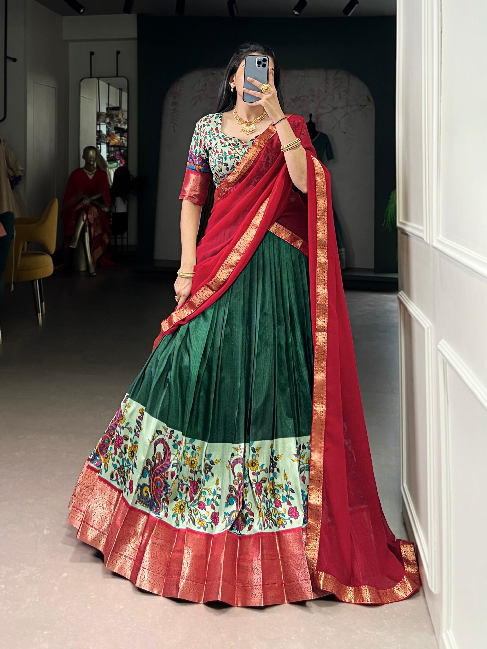 Battle Green  Print Aastha Silk Lehenga Choli Set with Red Dupatta